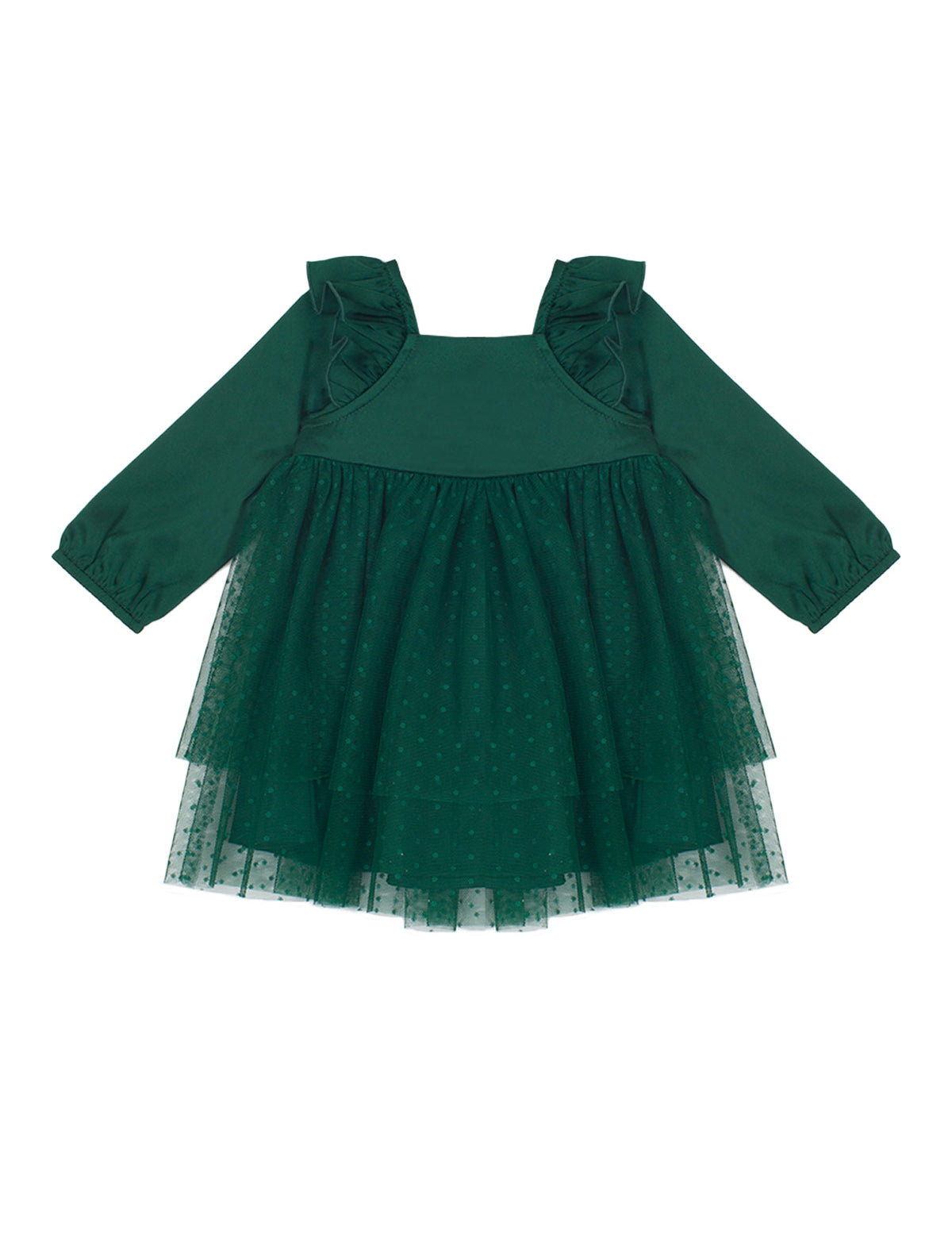 The Isobella and Chloe Mistletoe Emerald Dress features long sleeves, ruffled shoulders, a square neckline, elastic cuffs, and a layered tulle skirt with small polka dots—ideal for holiday celebrations.