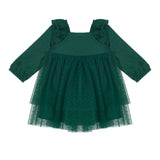 The Isobella and Chloe Mistletoe Emerald Dress features long sleeves, ruffled shoulders, a square neckline, elastic cuffs, and a layered tulle skirt with small polka dots—ideal for holiday celebrations.