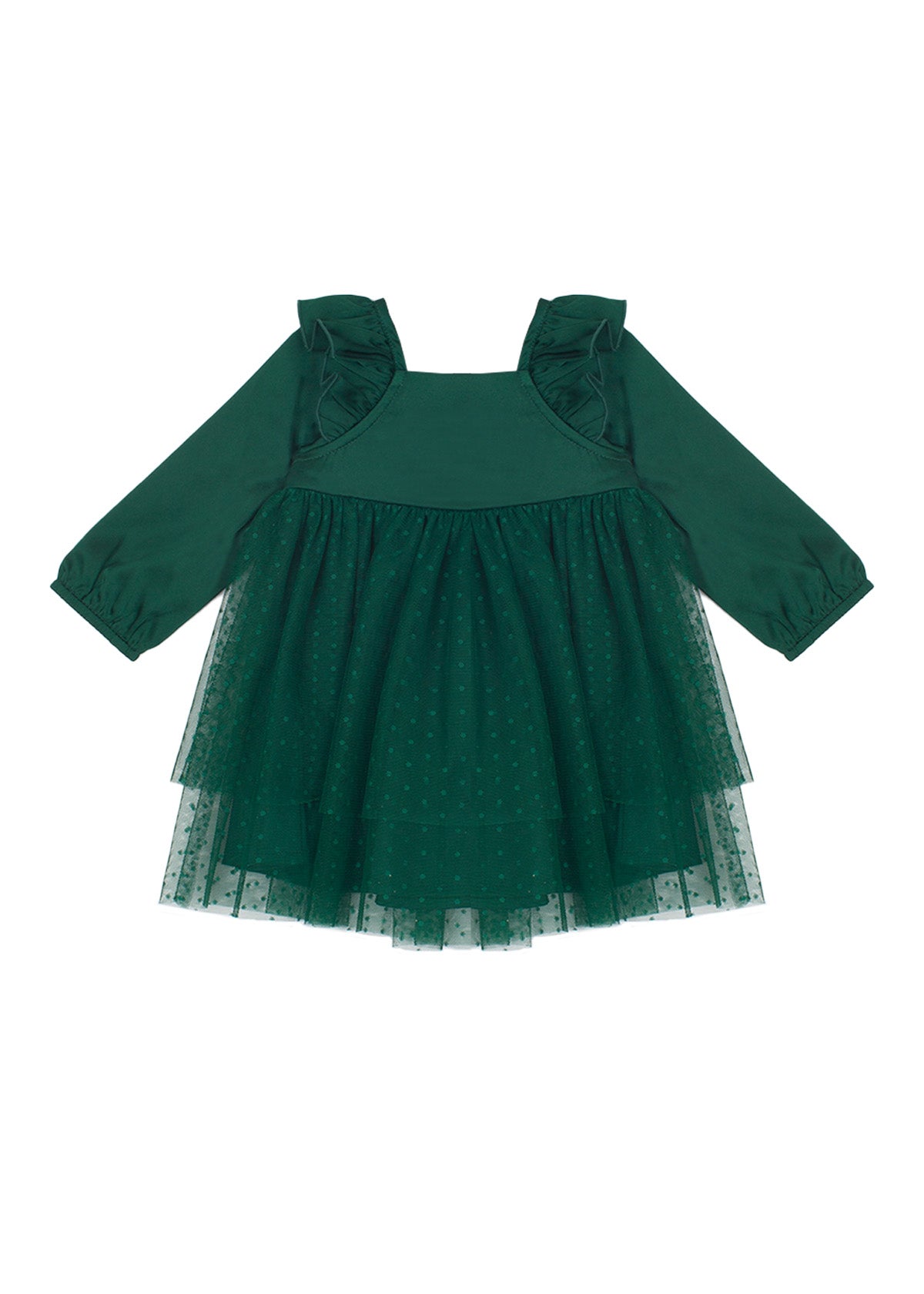 The Isobella and Chloe Mistletoe Emerald Dress features long sleeves, ruffled shoulders, a square neckline, elastic cuffs, and a layered tulle skirt with small polka dots—ideal for holiday celebrations.