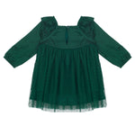 The Mistletoe Emerald Dress by Isobella and Chloe features long sleeves, ruffled shoulders, a buttoned keyhole neckline, and a layered tulle skirt—perfect for holiday celebrations.