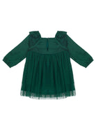 The Mistletoe Emerald Dress by Isobella and Chloe features long sleeves, ruffled shoulders, a buttoned keyhole neckline, and a layered tulle skirt—perfect for holiday celebrations.