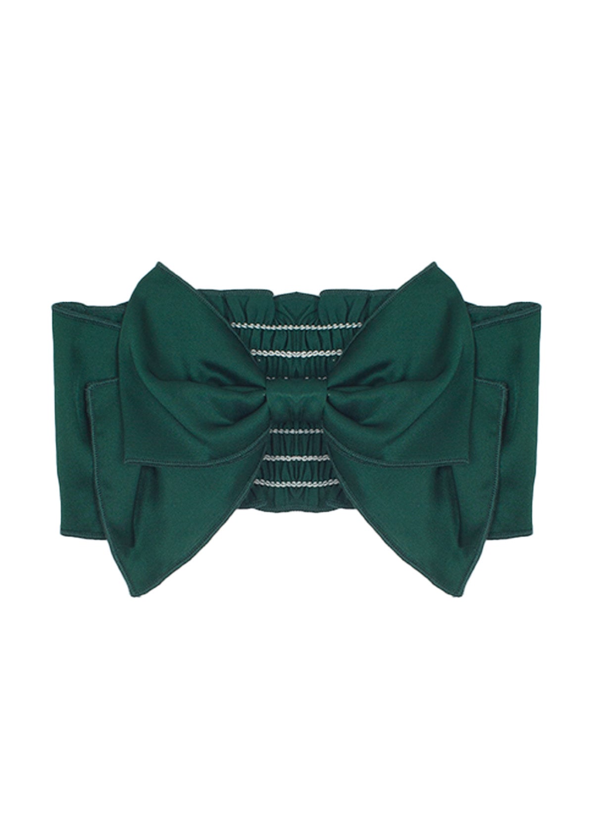 The Mabel and Honey Mistletoe Hair Accessory features a wide emerald green band with a large satin bow in the center and decorative horizontal light stitching for a festive touch.