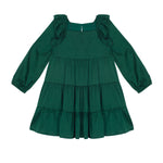 The Isobella and Chloe Mistletoe Emerald Green Tiered Dress is a long-sleeved children’s dress with ruffled shoulders, gathered skirt, round neckline, and keyhole back closure—perfect for holiday parties.