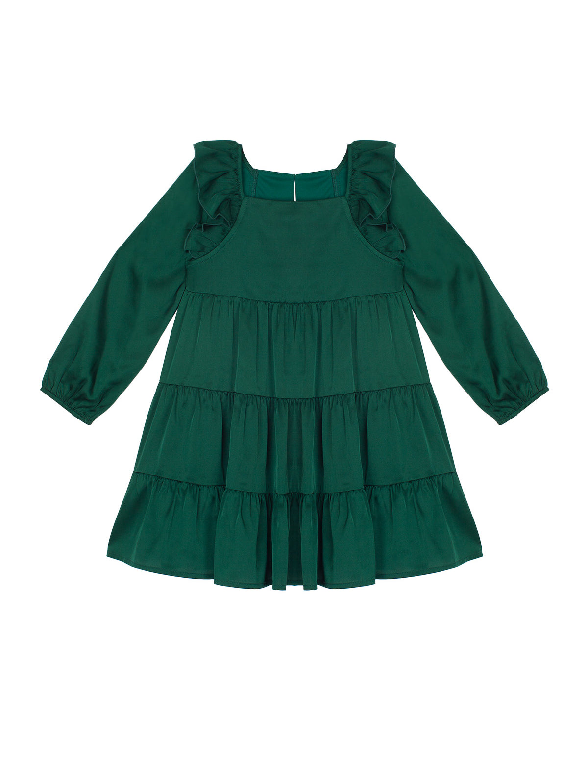 The Isobella and Chloe Mistletoe Emerald Green Tiered Dress is a long-sleeved children’s dress with ruffled shoulders, gathered skirt, round neckline, and keyhole back closure—perfect for holiday parties.