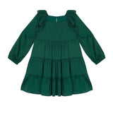 The Isobella and Chloe Mistletoe Emerald Green Tiered Dress is a long-sleeved children’s dress with ruffled shoulders, gathered skirt, round neckline, and keyhole back closure—perfect for holiday parties.