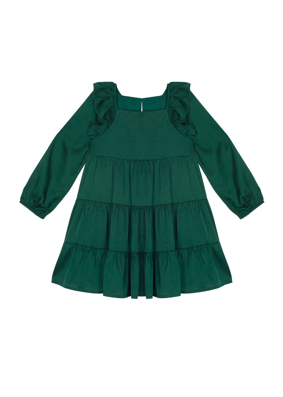 The Isobella and Chloe Mistletoe Emerald Green Tiered Dress is a long-sleeved children’s dress with ruffled shoulders, gathered skirt, round neckline, and keyhole back closure—perfect for holiday parties.