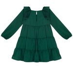 The Isobella and Chloe Mistletoe Emerald Green Tiered Dress is a long-sleeve, knee-length dress with ruffled tiers, keyhole button back, round neckline, and gathered shoulders—ideal for your next holiday party.