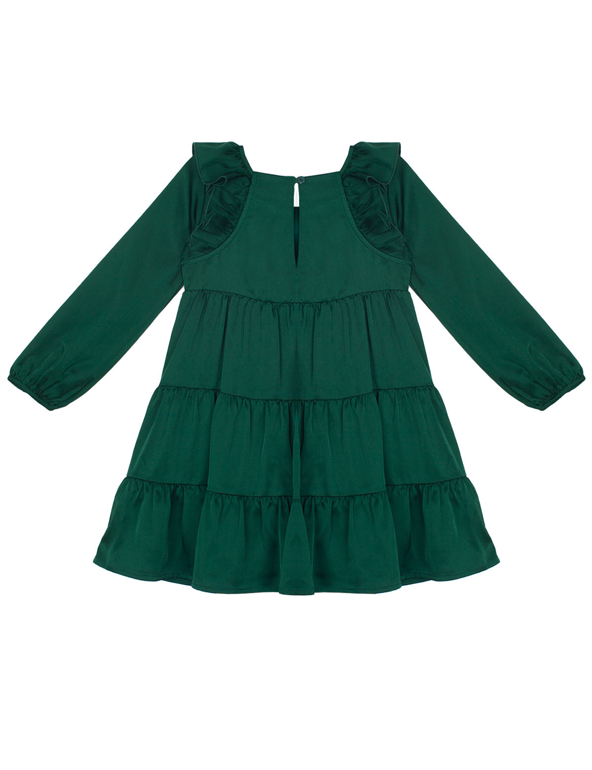 The Isobella and Chloe Mistletoe Emerald Green Tiered Dress is a long-sleeve, knee-length dress with ruffled tiers, keyhole button back, round neckline, and gathered shoulders—ideal for your next holiday party.