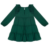 The Isobella and Chloe Mistletoe Emerald Green Tiered Dress is a long-sleeve, knee-length dress with ruffled tiers, keyhole button back, round neckline, and gathered shoulders—ideal for your next holiday party.