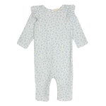 The Hannah Romper by Mabel and Honey is a light blue cotton baby romper with a small floral print and ruffled shoulders, shown on a white background—ideal for both comfort and style.