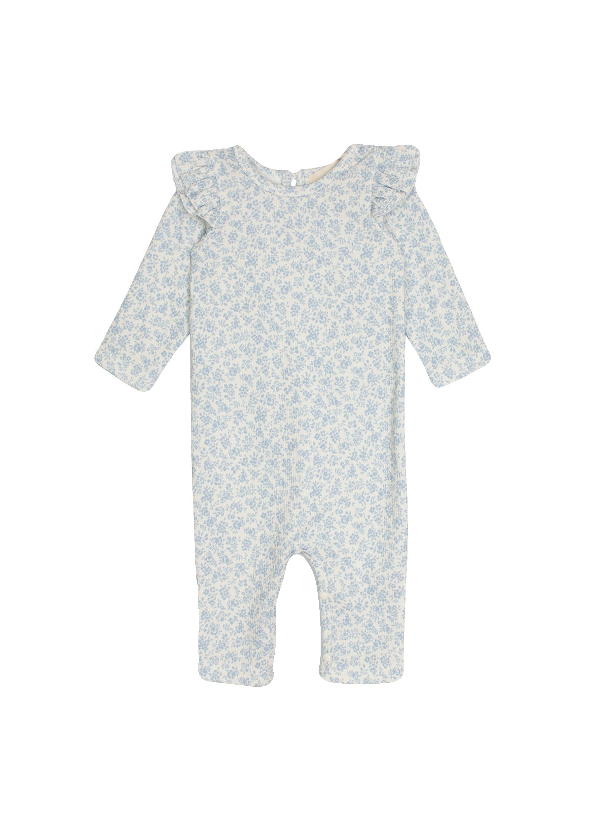 The Hannah Romper by Mabel and Honey is a light blue cotton baby romper with a small floral print and ruffled shoulders, shown on a white background—ideal for both comfort and style.