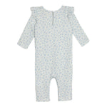 The Hannah Romper by Mabel and Honey is a long-sleeved cotton baby romper featuring a light blue floral print, ruffled shoulders, a round neckline, and a back button closure for easy dressing.