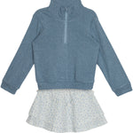 The Hannah Two Piece Set by Mabel and Honey features a blue long-sleeve half-zip pullover and a white light blue floral ruffled skirt, displayed flat on a white background.