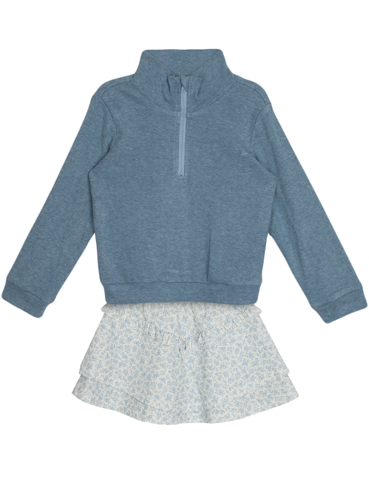 The Hannah Two Piece Set by Mabel and Honey features a blue long-sleeve half-zip pullover and a white light blue floral ruffled skirt, displayed flat on a white background.