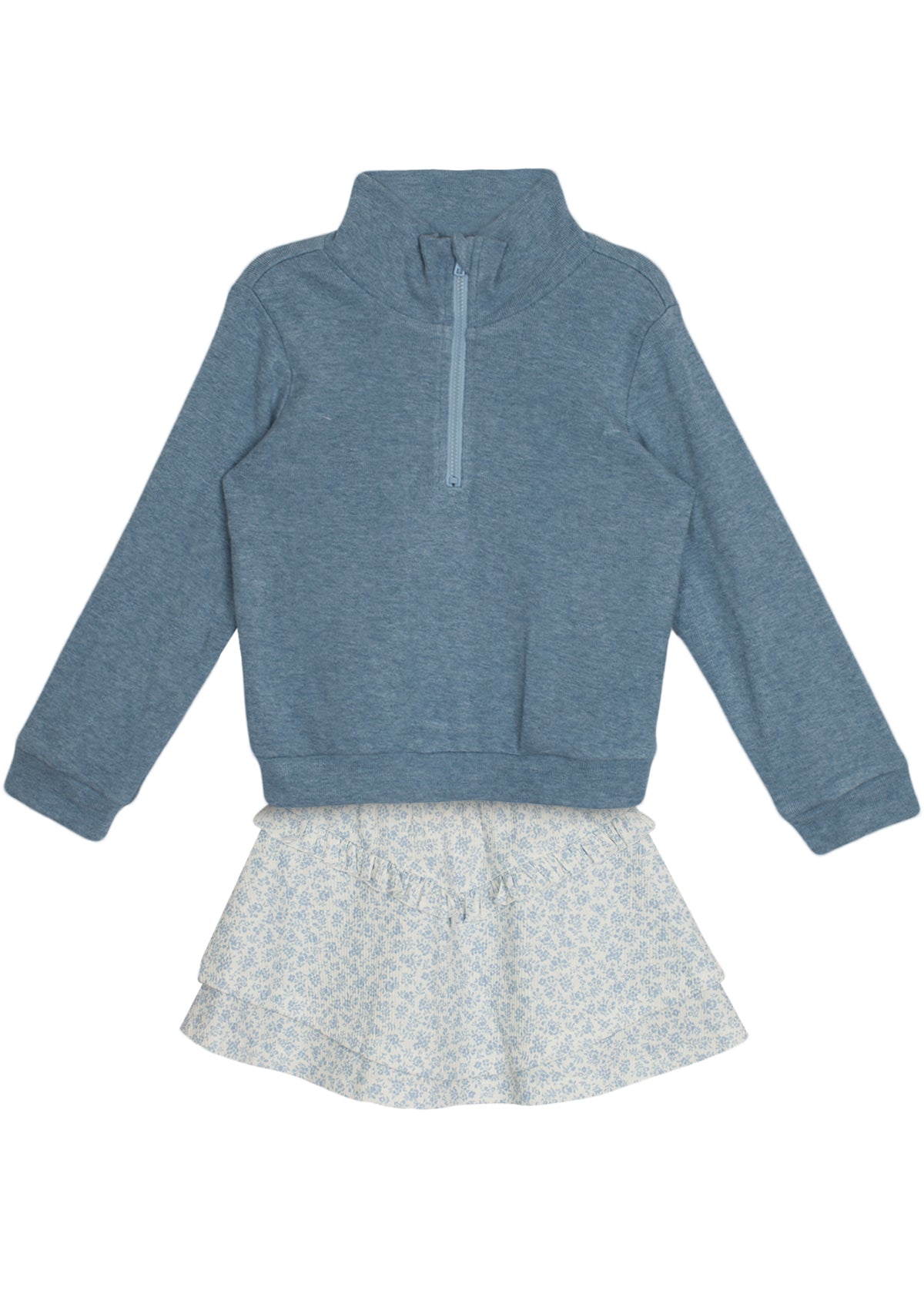 The Hannah Two Piece Set by Mabel and Honey features a blue long-sleeve half-zip pullover and a white light blue floral ruffled skirt, displayed flat on a white background.