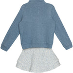 The Hannah Two Piece Set by Mabel and Honey features a blue long-sleeve pullover paired with a white tiered floral skirt, displayed flat on a white background.