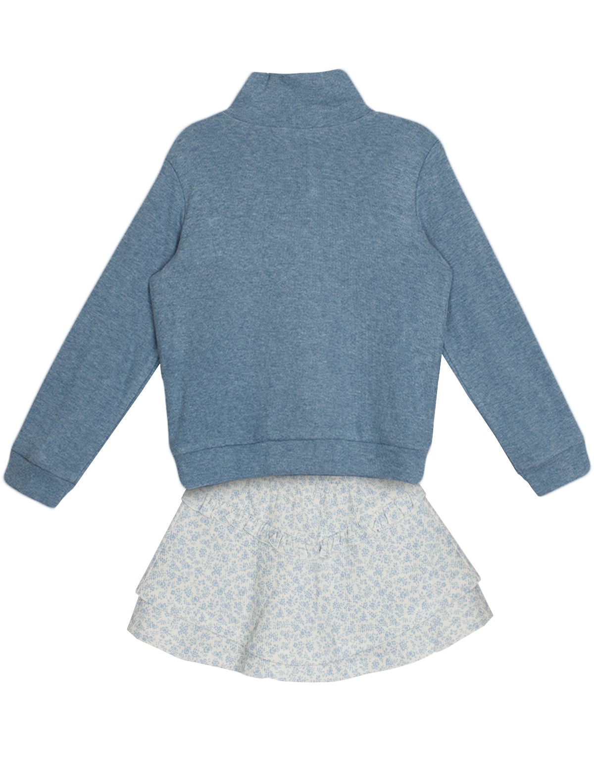 The Hannah Two Piece Set by Mabel and Honey features a blue long-sleeve pullover paired with a white tiered floral skirt, displayed flat on a white background.