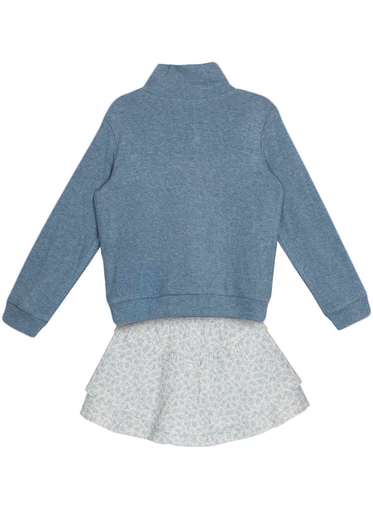 The Hannah Two Piece Set by Mabel and Honey features a blue long-sleeve pullover paired with a white tiered floral skirt, displayed flat on a white background.