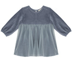 The Mabel and Honey Skylar Blue Suede Dress features long sleeves, a suede bodice, and a sheer, flowy tulle skirt in soft slate blue.
