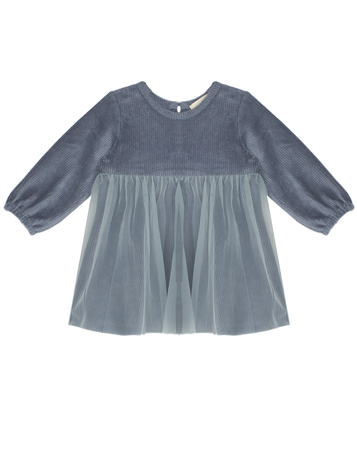 The Mabel and Honey Skylar Blue Suede Dress features long sleeves, a suede bodice, and a sheer, flowy tulle skirt in soft slate blue.