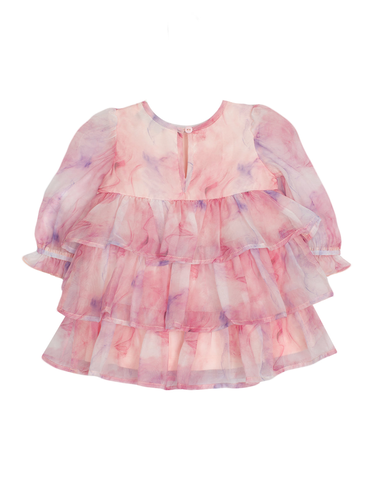 The Isobella and Chloe Berry Swirl Watercolor Print Dress is a pink and purple kids’ dress with long puffy sleeves, three ruffled tiers, a round neckline, and a back button closure.