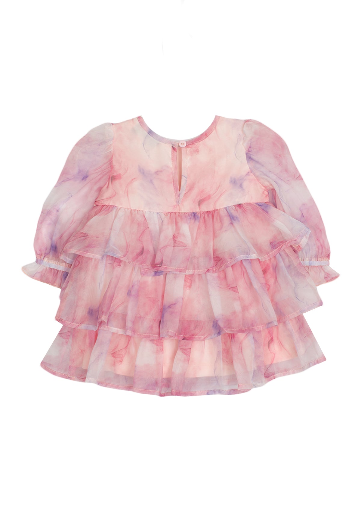 The Isobella and Chloe Berry Swirl Watercolor Print Dress is a pink and purple kids’ dress with long puffy sleeves, three ruffled tiers, a round neckline, and a back button closure.