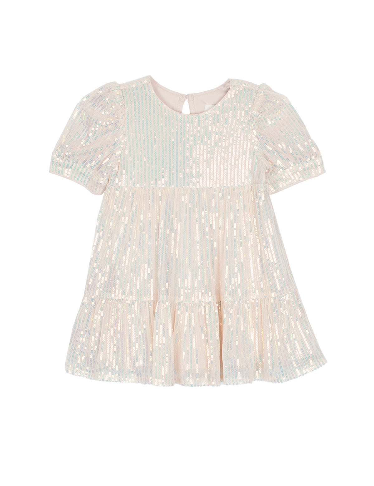 The Isobella and Chloe Taylor Sequined Toddler Dress is a light pink, short-sleeved girl's dress with shimmering iridescent sequins, a tiered skirt, and a round neckline with back button—ideal for special occasions.