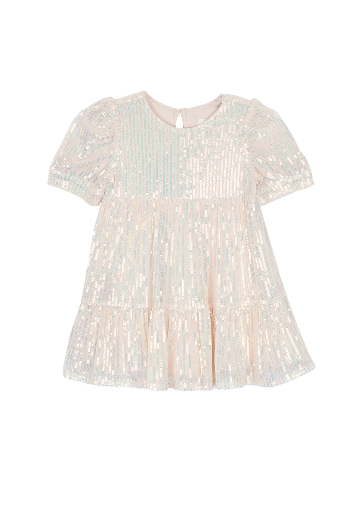 The Isobella and Chloe Taylor Sequined Toddler Dress is a light pink, short-sleeved girl's dress with shimmering iridescent sequins, a tiered skirt, and a round neckline with back button—ideal for special occasions.