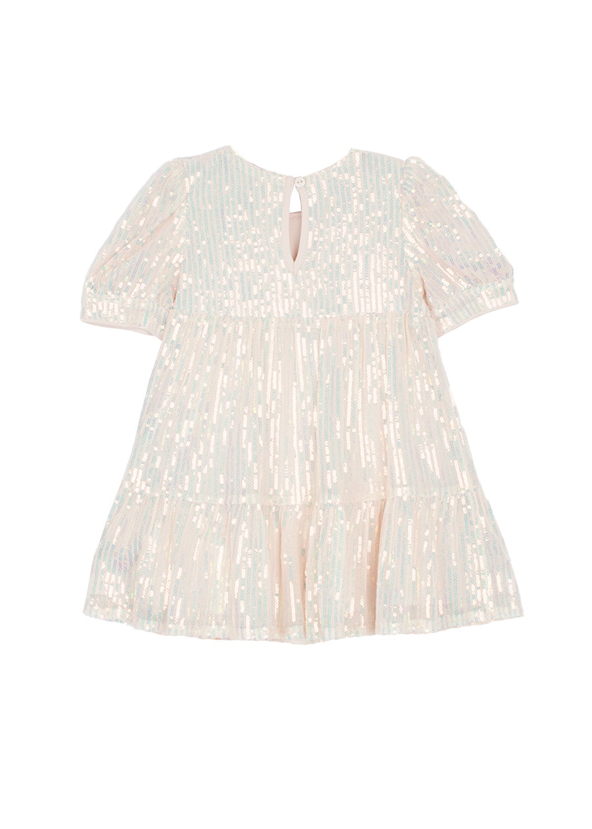 The Taylor Sequined Toddler Dress by Isobella and Chloe is a light pink, short-sleeved dress with a tiered skirt, shiny sequin accents, and a back keyhole closure—ideal for special occasions.
