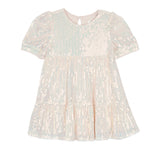 The Isobella and Chloe Taylor Sequined Little Big Girl Dress is a short-sleeved, light pink dress with a tiered skirt and vertical shimmering sequins, shown on a white background.