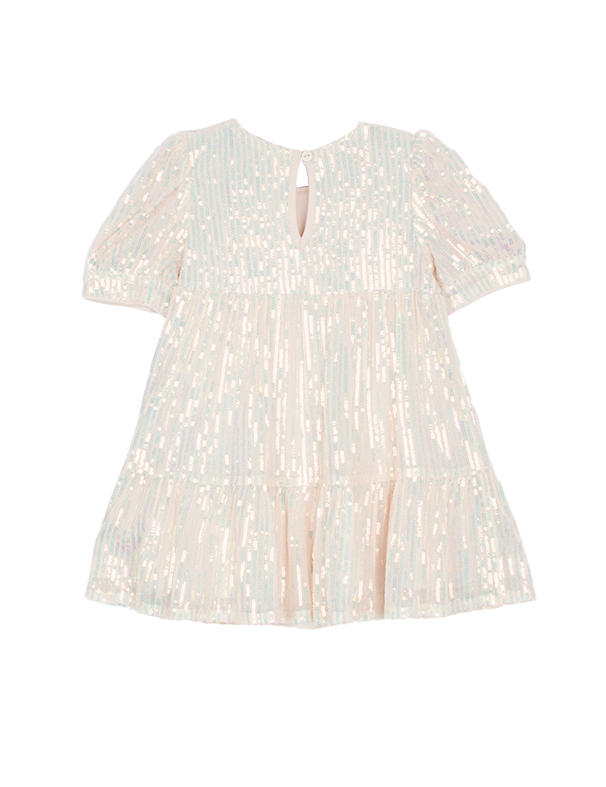The Isobella and Chloe Taylor Sequined Little Big Girl Dress features short sleeves, light pink sequins all over, a loose fit with ruffled hem, round neckline, and a back button closure above a keyhole opening.