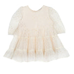 The Isobella and Chloe Heart of Gold Little Big Girl Dress, featuring an ivory tulle design with long sleeves, a ruffle skirt, and gold polka dots, is shown against a white background.