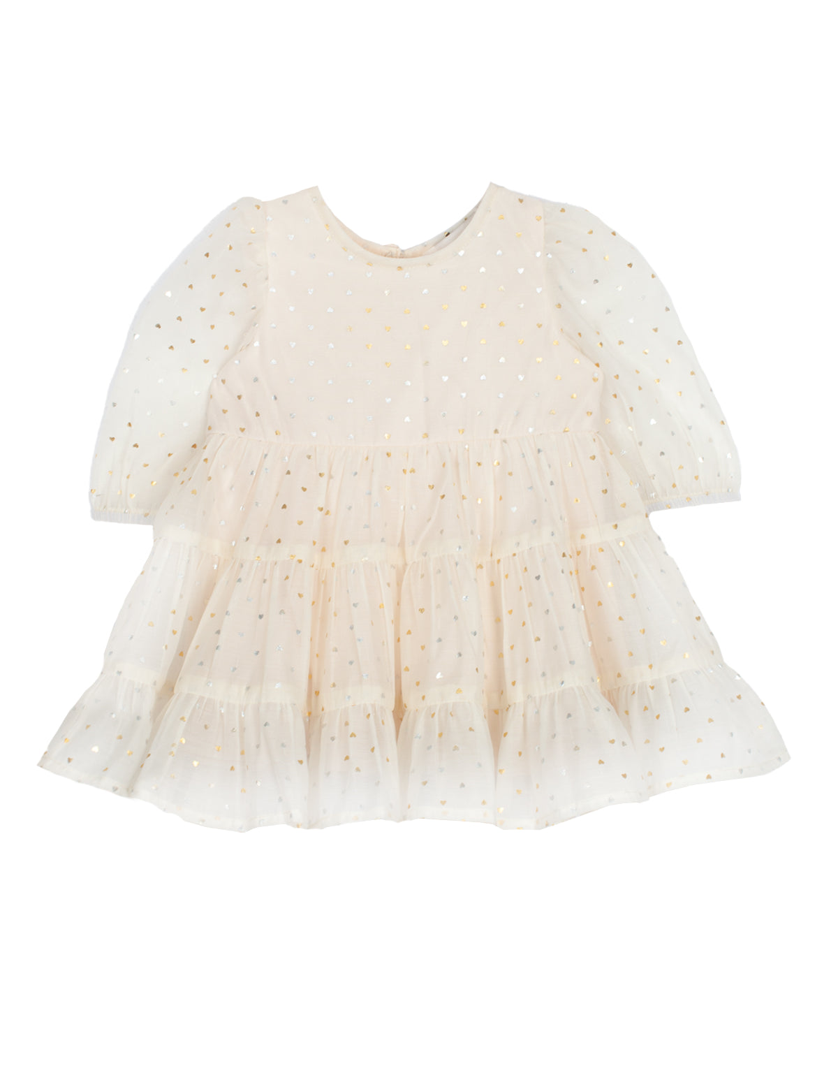 The Isobella and Chloe Heart of Gold Little Big Girl Dress, featuring an ivory tulle design with long sleeves, a ruffle skirt, and gold polka dots, is shown against a white background.