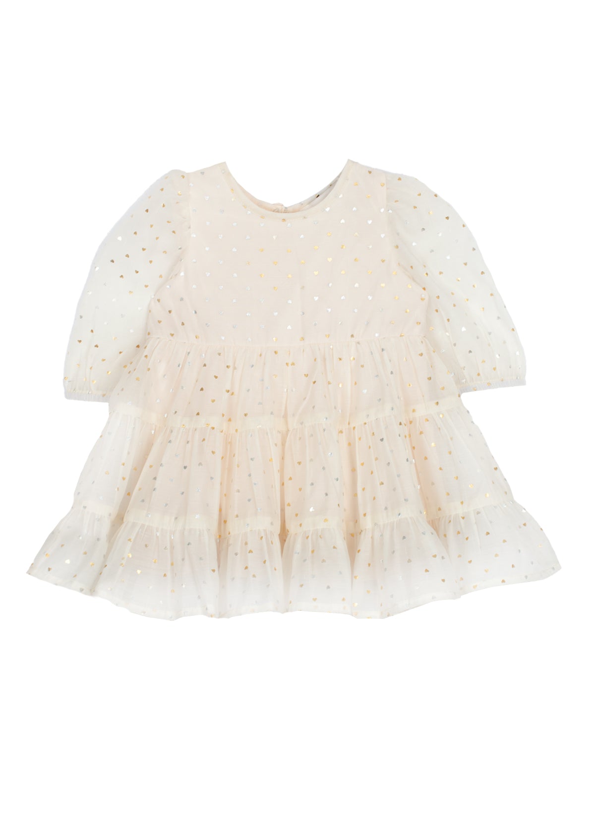 The Isobella and Chloe Heart of Gold Little Big Girl Dress, featuring an ivory tulle design with long sleeves, a ruffle skirt, and gold polka dots, is shown against a white background.