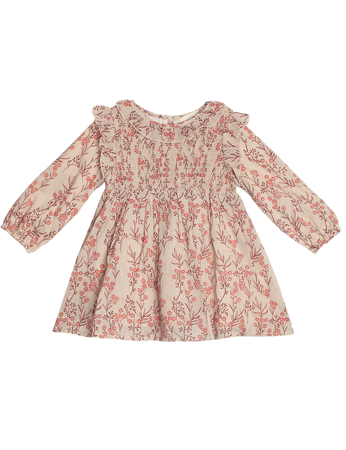 The Mabel and Honey Autumn Floral Dress Long Sleeve features a light pink base with pink and red floral patterns, smocked front bodice, and charming ruffled shoulders—perfect for your child.