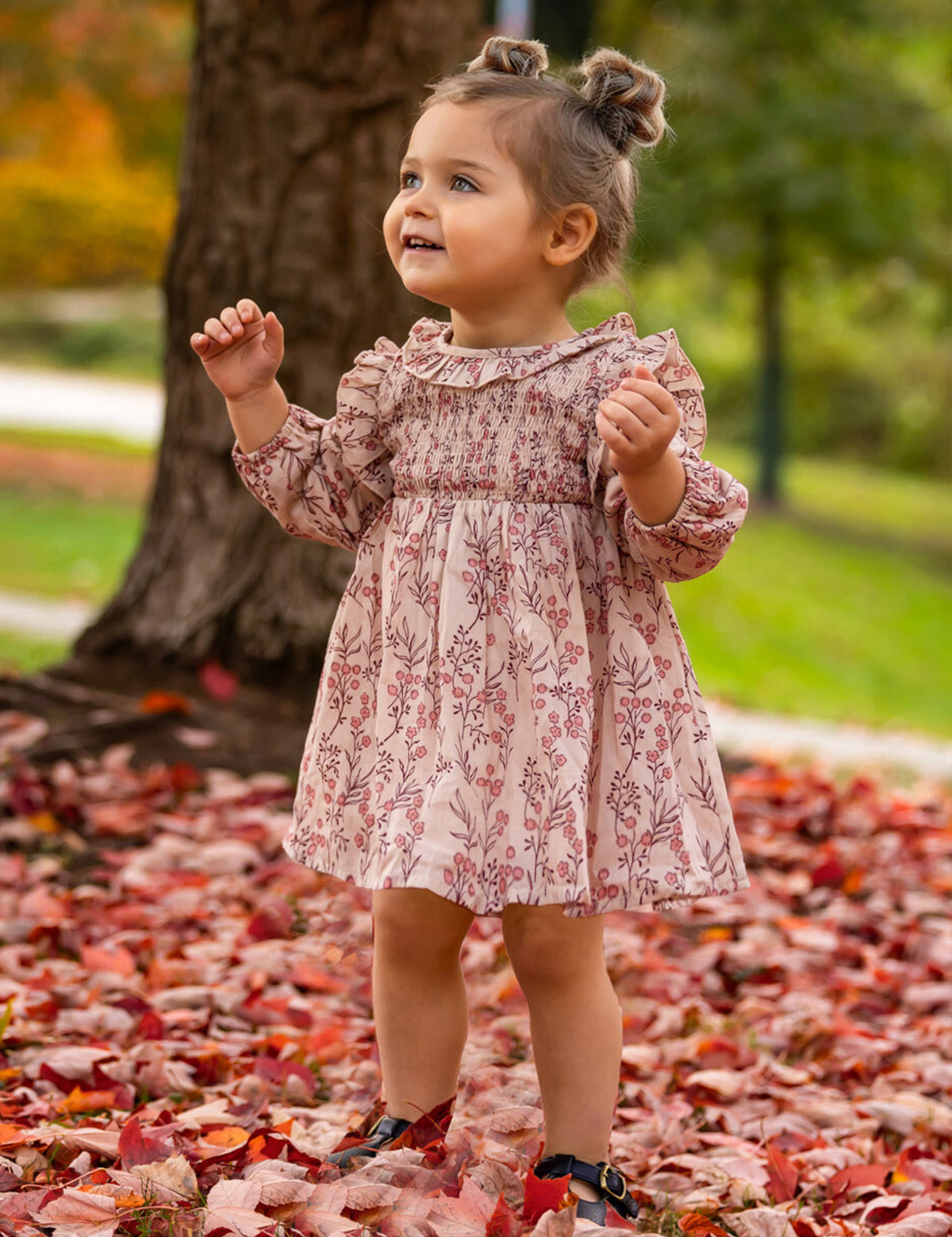 A smiling toddler wears the Mabel and Honey Autumn Floral Dress Long Sleeve, standing on red autumn leaves near a tree, with green grass and blurred trees in the background.