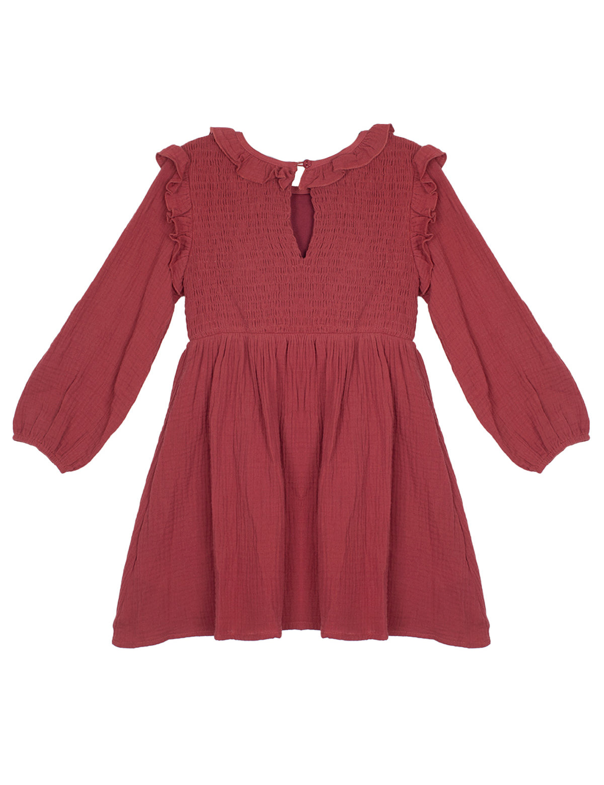 The Autumn Dress Red by Mabel and Honey is a long-sleeve, knee-length girls’ dress in deep rose gauze with a ruched bodice, ruffled collar and shoulders, keyhole button, and a loose, gathered skirt and sleeves.