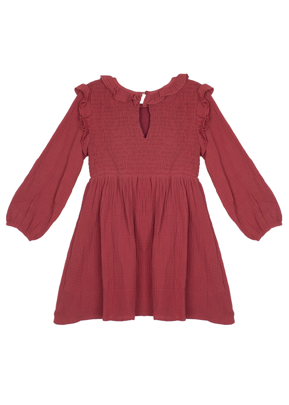 The Autumn Dress Red by Mabel and Honey is a long-sleeve, knee-length girls’ dress in deep rose gauze with a ruched bodice, ruffled collar and shoulders, keyhole button, and a loose, gathered skirt and sleeves.