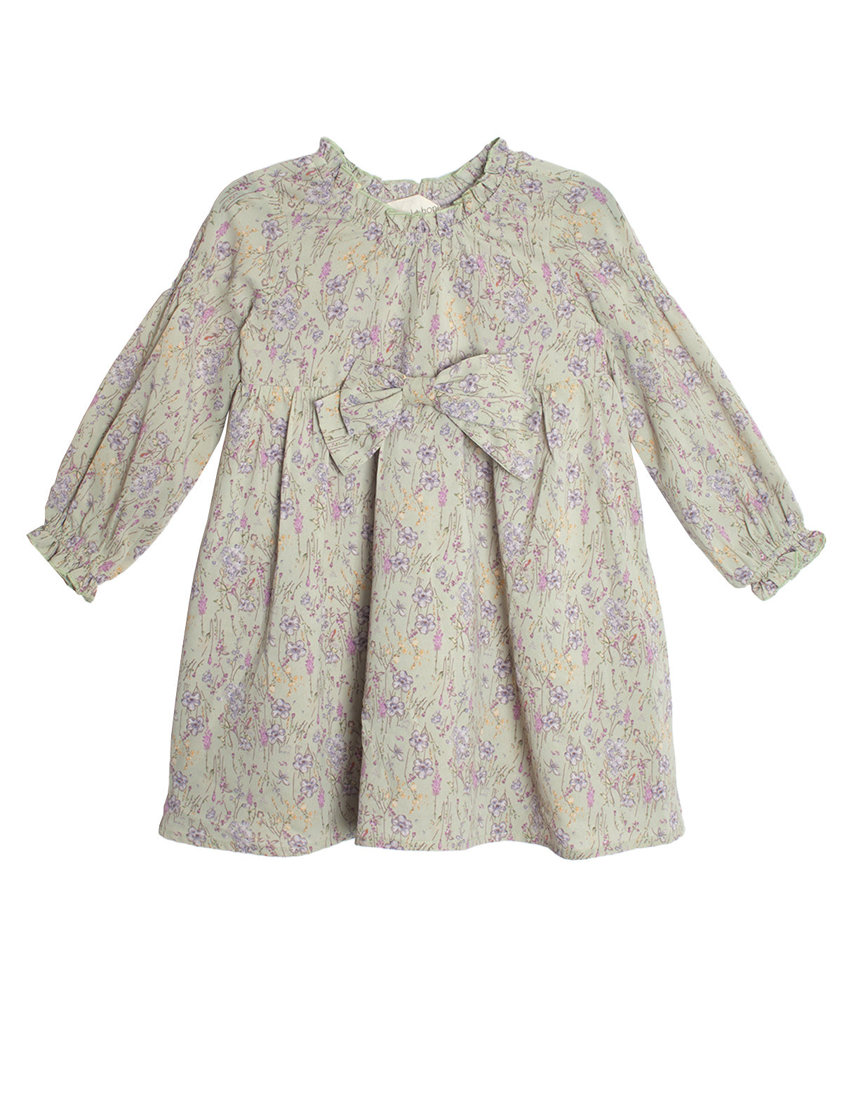 The Mabel and Honey Lavender Meadows Floral Bow Dress features long sleeves, a ruffled collar, elastic cuffs, a large front bow, and a light floral print in purple and pink—perfect for any occasion.