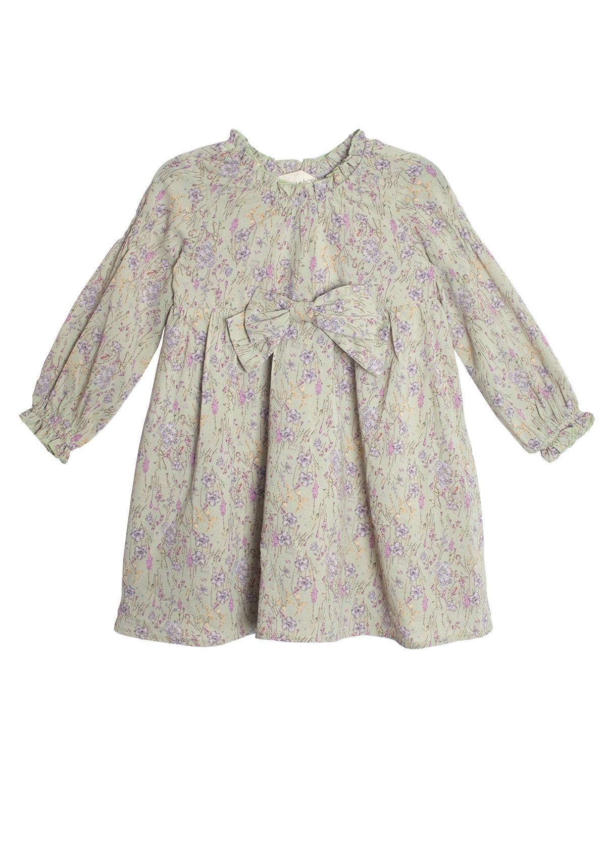 The Mabel and Honey Lavender Meadows Floral Bow Dress features long sleeves, a ruffled collar, elastic cuffs, a large front bow, and a light floral print in purple and pink—perfect for any occasion.