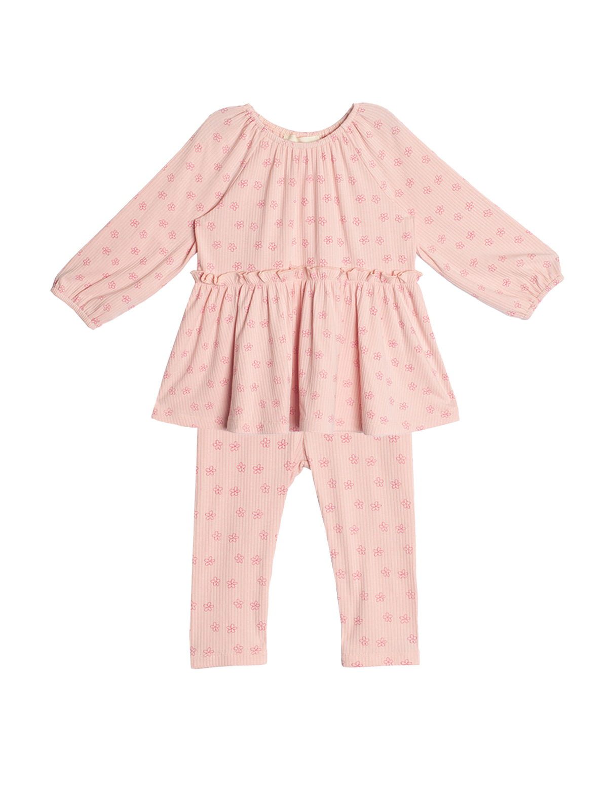 The Dainty Doodle Two Piece Set by Mabel and Honey features a pink long-sleeve peplum top with gathered flare and matching fitted pants, both with a small floral pattern. The outfit is displayed laid flat on a white background.
