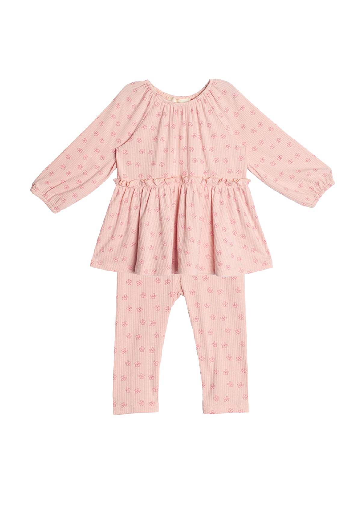 The Dainty Doodle Two Piece Set by Mabel and Honey features a pink long-sleeve peplum top with gathered flare and matching fitted pants, both with a small floral pattern. The outfit is displayed laid flat on a white background.