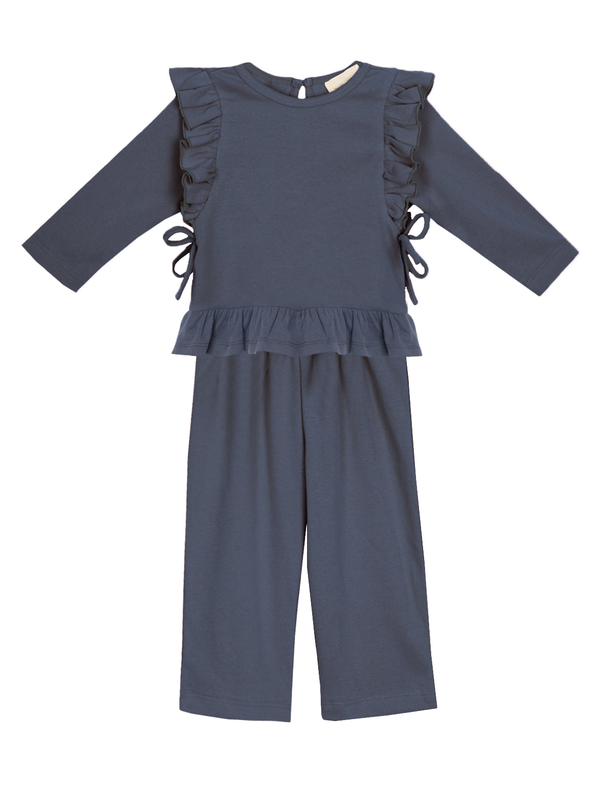 The Robyn Two Piece Set by Mabel and Honey features a navy peplum top with ruffled sides and hem, paired with matching wide-leg pants in a soft cotton blend, shown against a white background.