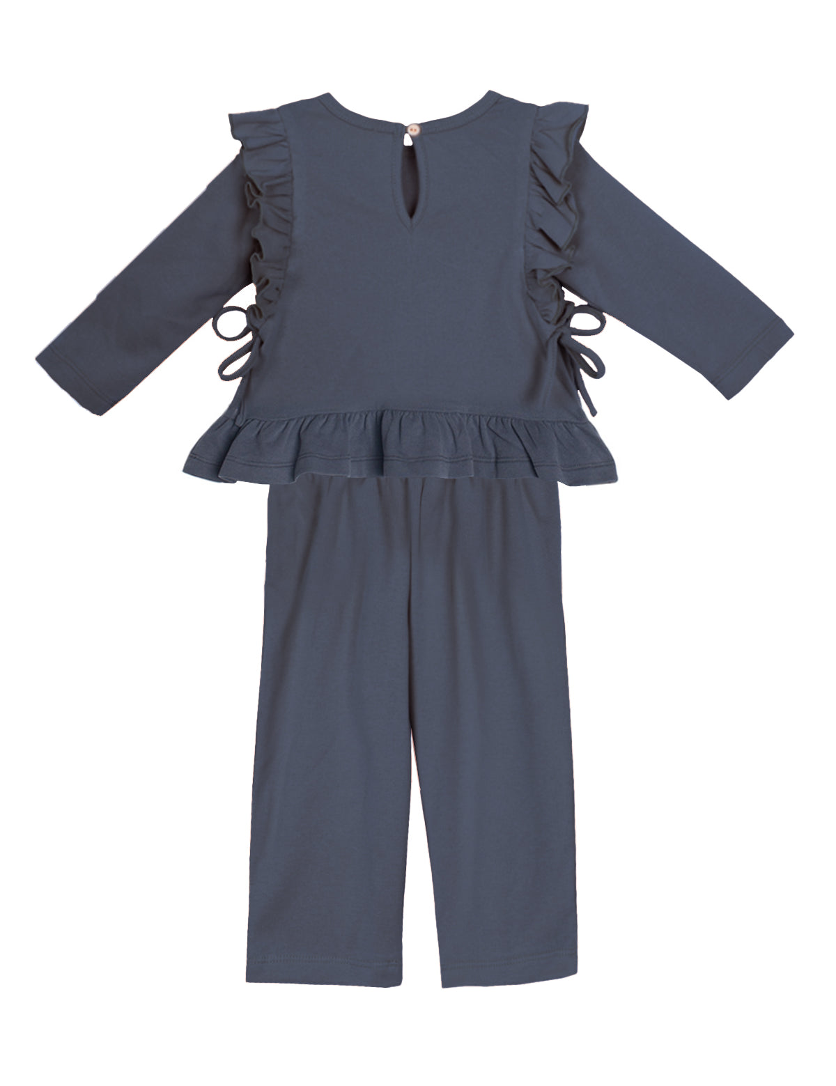 The Robyn Two Piece Set by Mabel and Honey features a dark blue cotton-blend, long-sleeve peplum top with ruffled shoulders, side ties, and back button, plus matching straight-leg pants—a charming outfit for children.