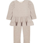 The Mabel and Honey Millie Two Piece Set offers cozy, stylish comfort for toddlers with its light beige long sleeve ruffled peplum top and matching soft knit pants.