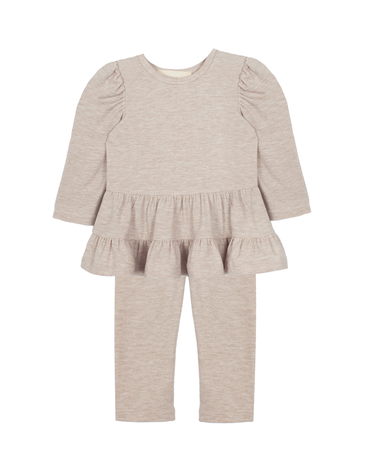 The Mabel and Honey Millie Two Piece Set offers cozy, stylish comfort for toddlers with its light beige long sleeve ruffled peplum top and matching soft knit pants.
