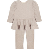 The Mabel and Honey Millie Two Piece Set offers cozy, stylish comfort for toddlers with its light beige long sleeve ruffled peplum top and matching soft knit pants.