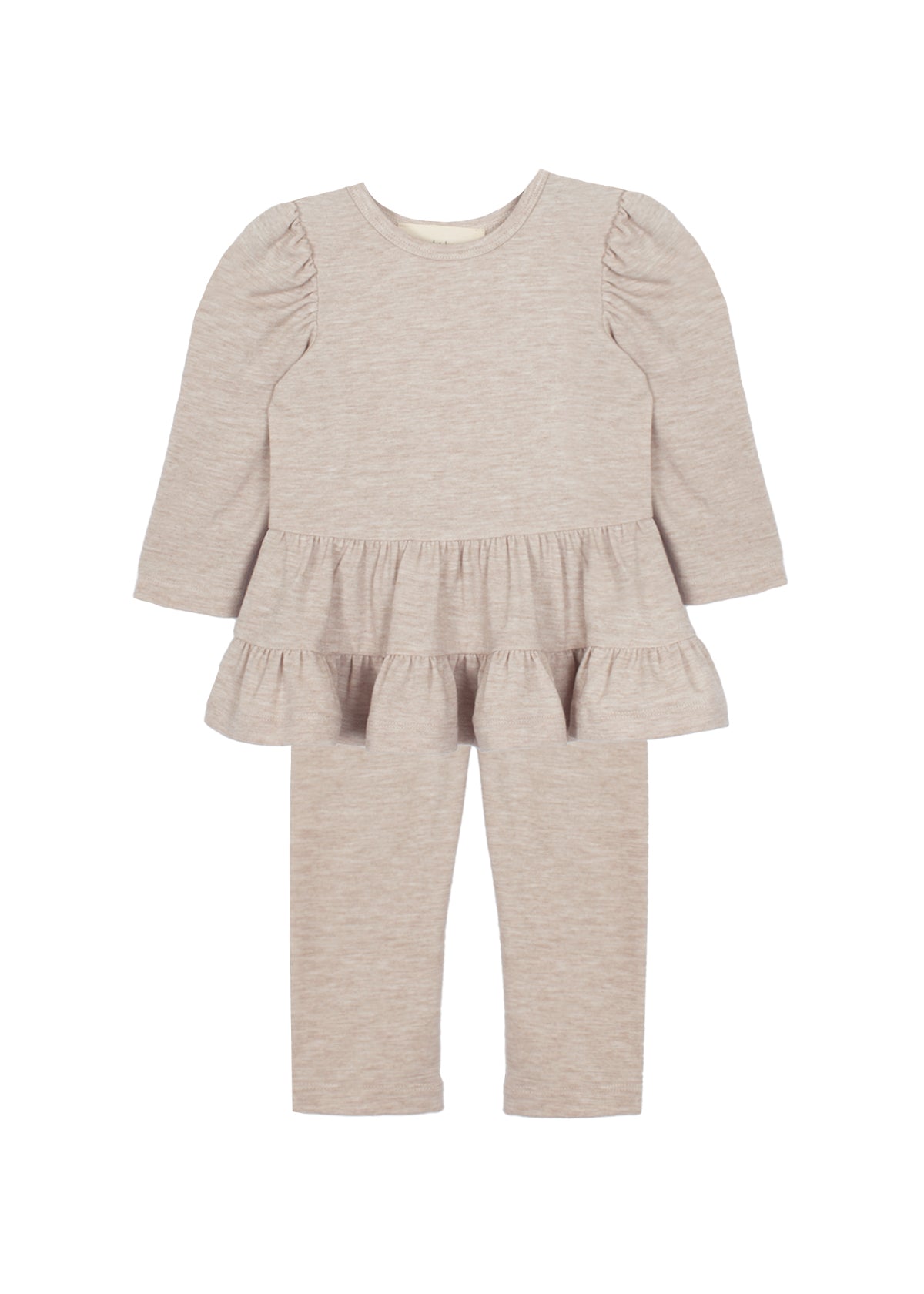The Mabel and Honey Millie Two Piece Set offers cozy, stylish comfort for toddlers with its light beige long sleeve ruffled peplum top and matching soft knit pants.