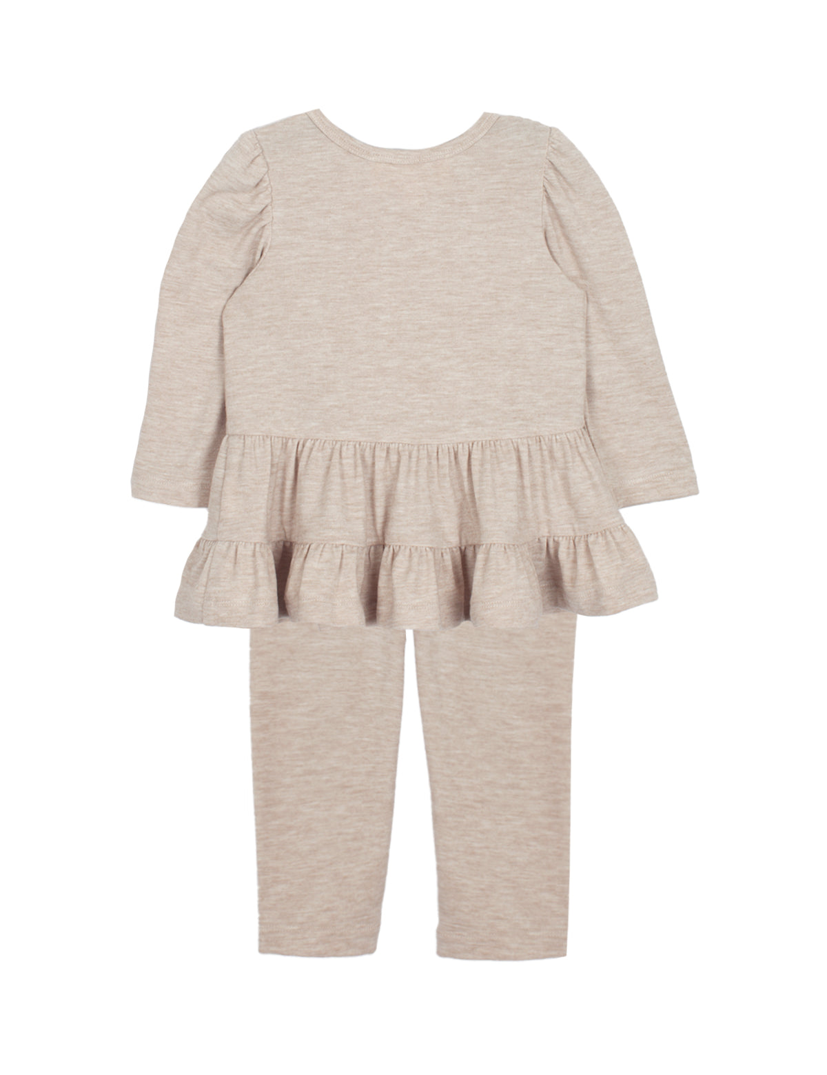 The Millie Two Piece Set by Mabel and Honey is a beige toddler outfit with a long-sleeve ruffle peplum top and matching leggings, displayed flat on a white background.
