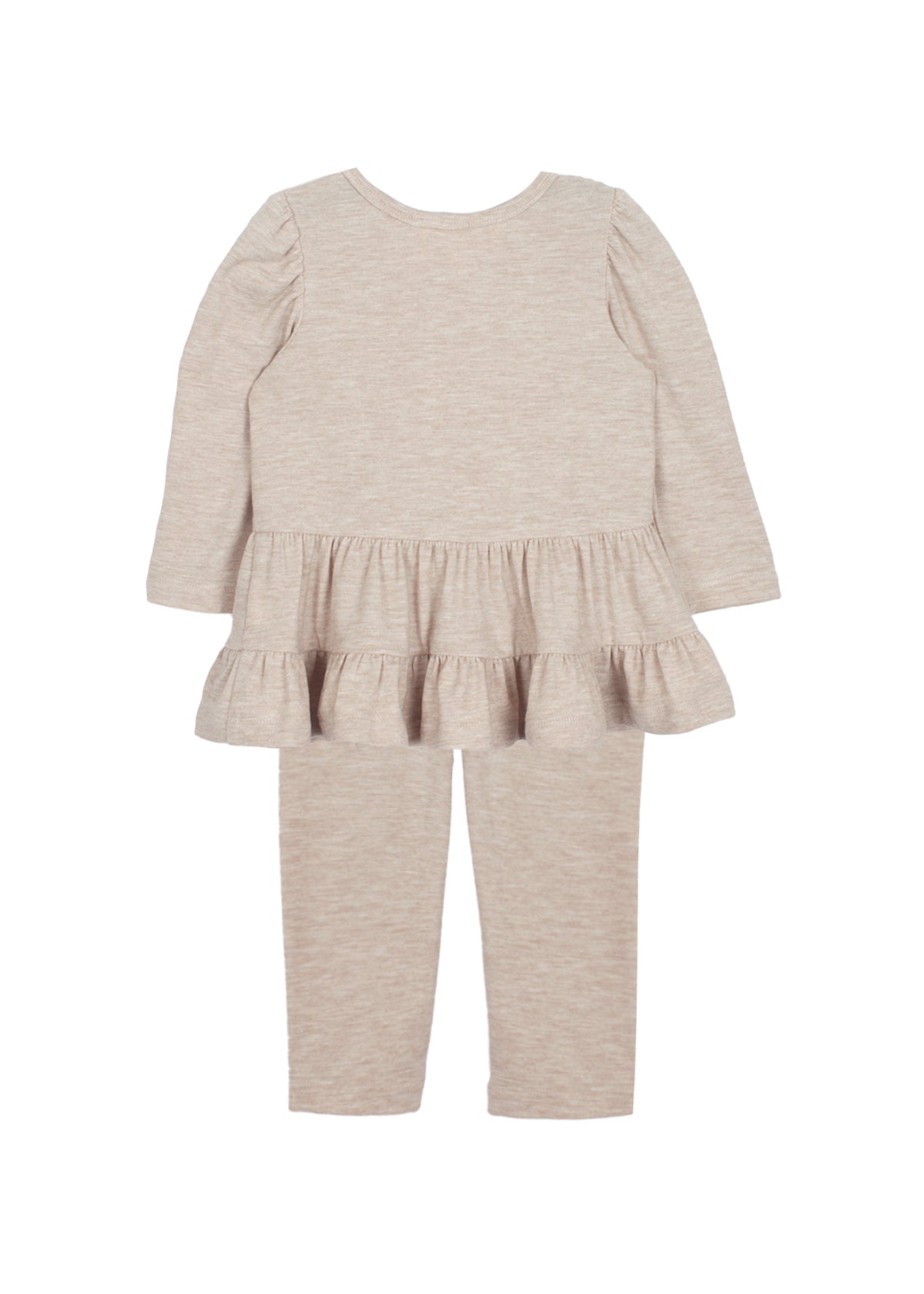 The Millie Two Piece Set by Mabel and Honey is a beige toddler outfit with a long-sleeve ruffle peplum top and matching leggings, displayed flat on a white background.